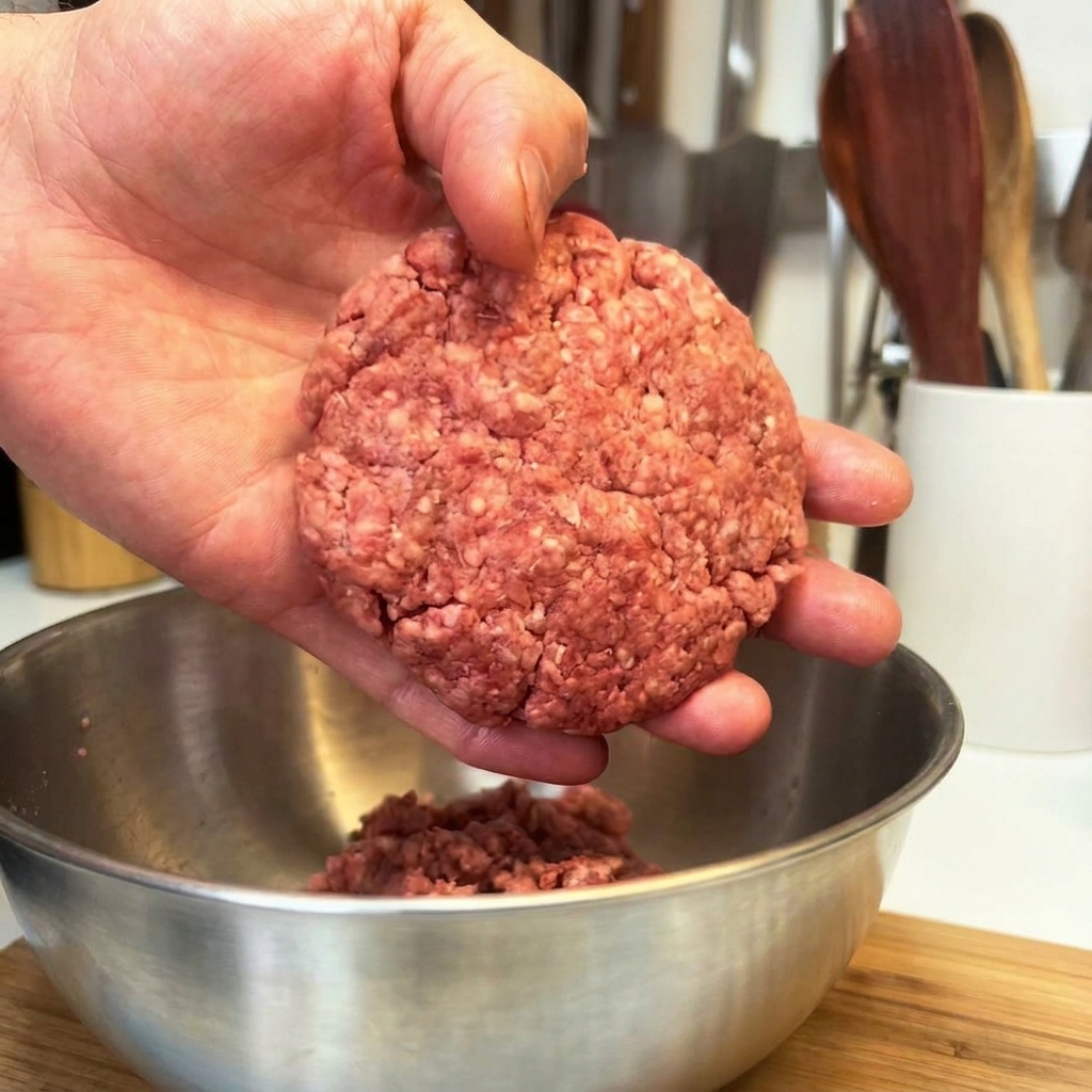 Un patty di carne cruda perfettamente modellato appoggiato sul palmo di una mano.