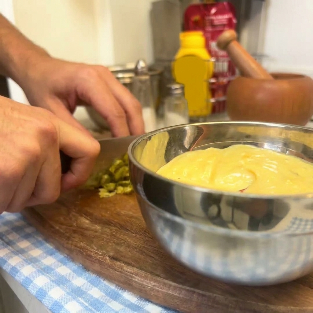 Mani che versano cetriolini tritati da un tagliere in una ciotola con salsa gialla.