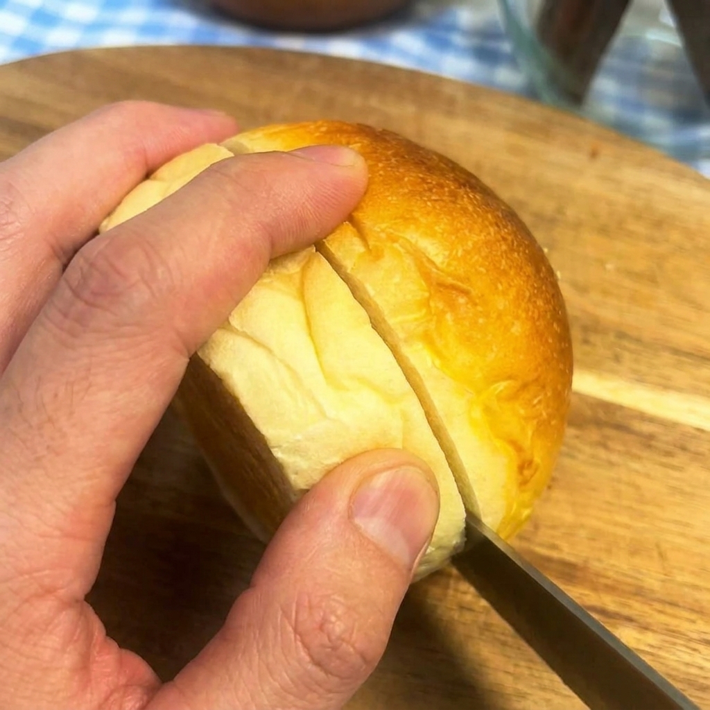 Una mano che tiene un panino da burger mentre lo taglia orizzontalmente con un coltello.