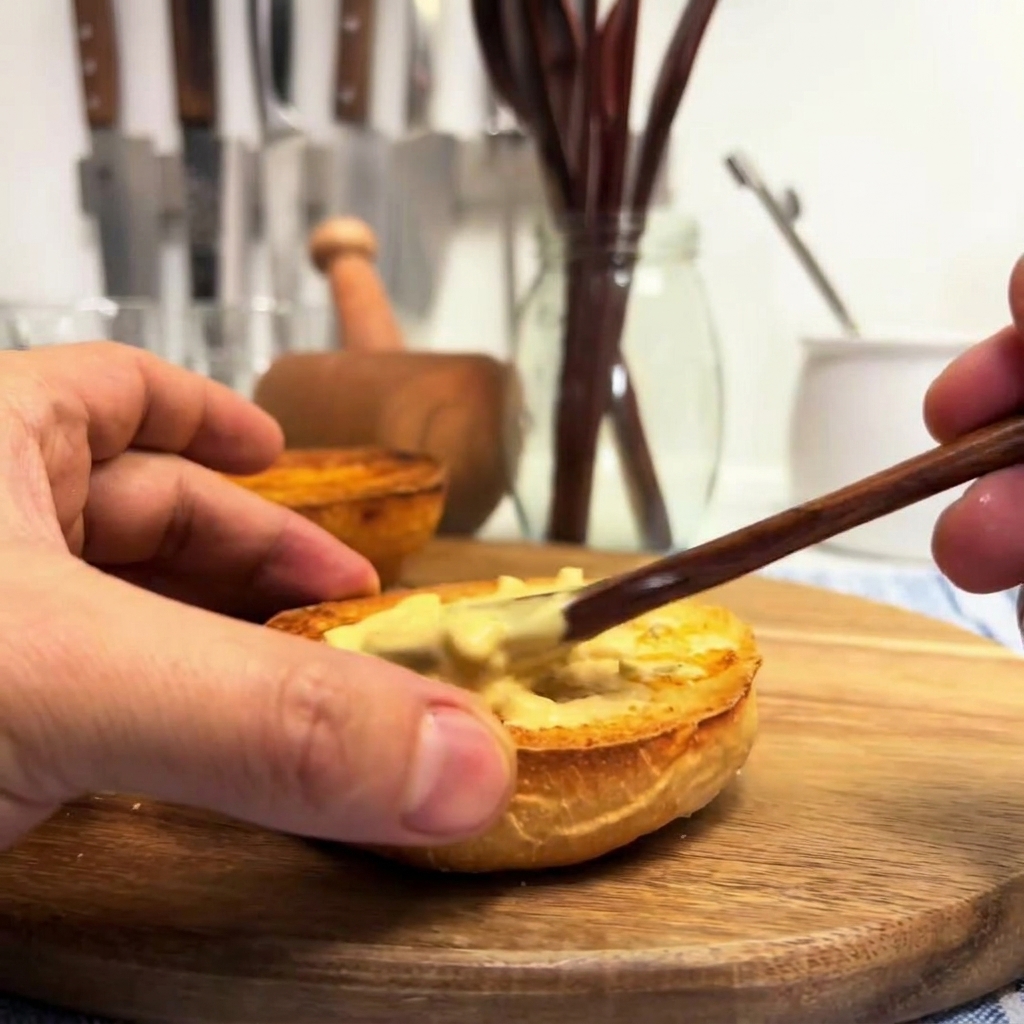 Una mano che spalma la salsa burger su un panino tostato dorato.