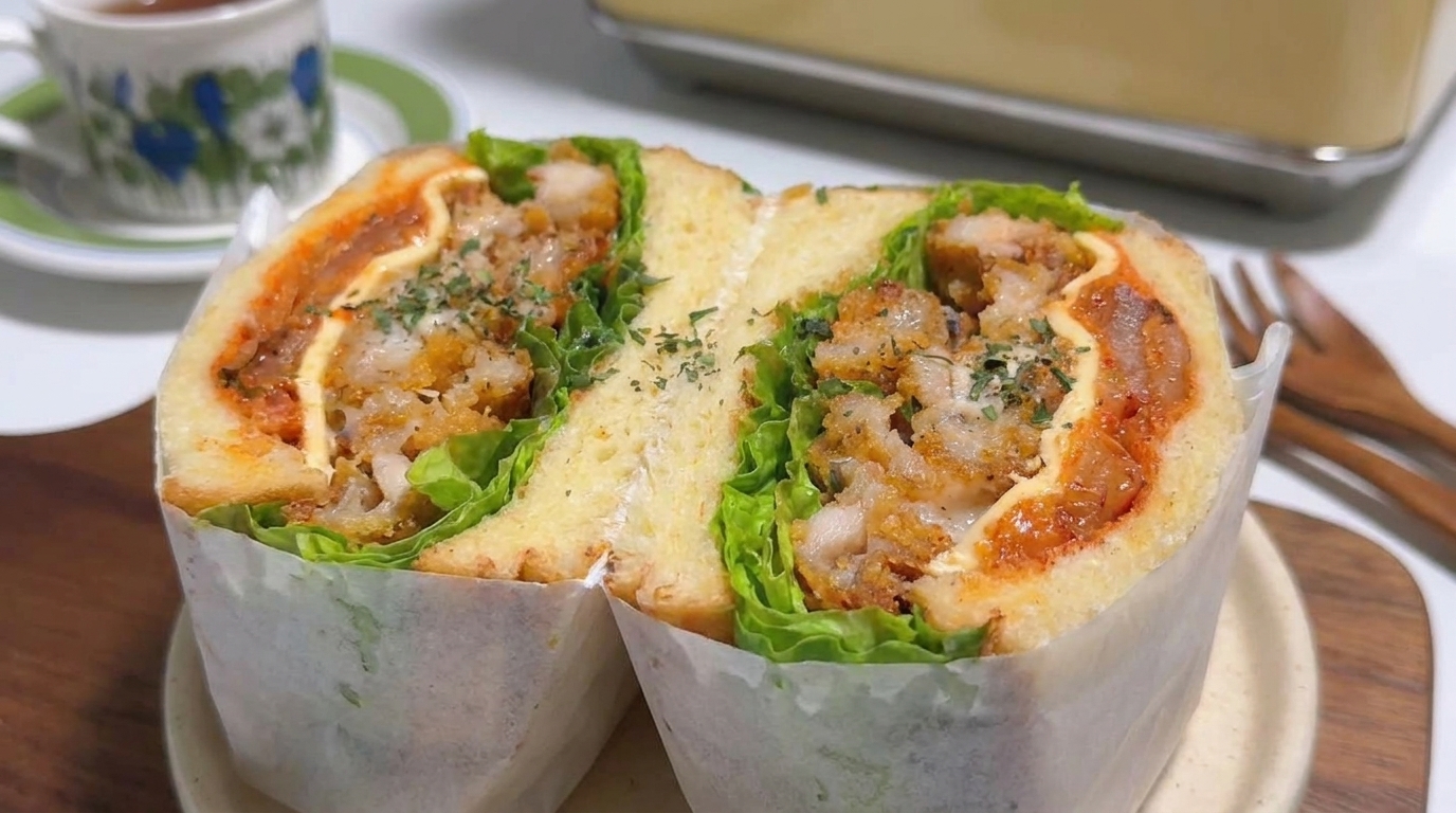 Sandwich Croccante con Pollo Fritto, Kimchi e Maionese allo Yuzu