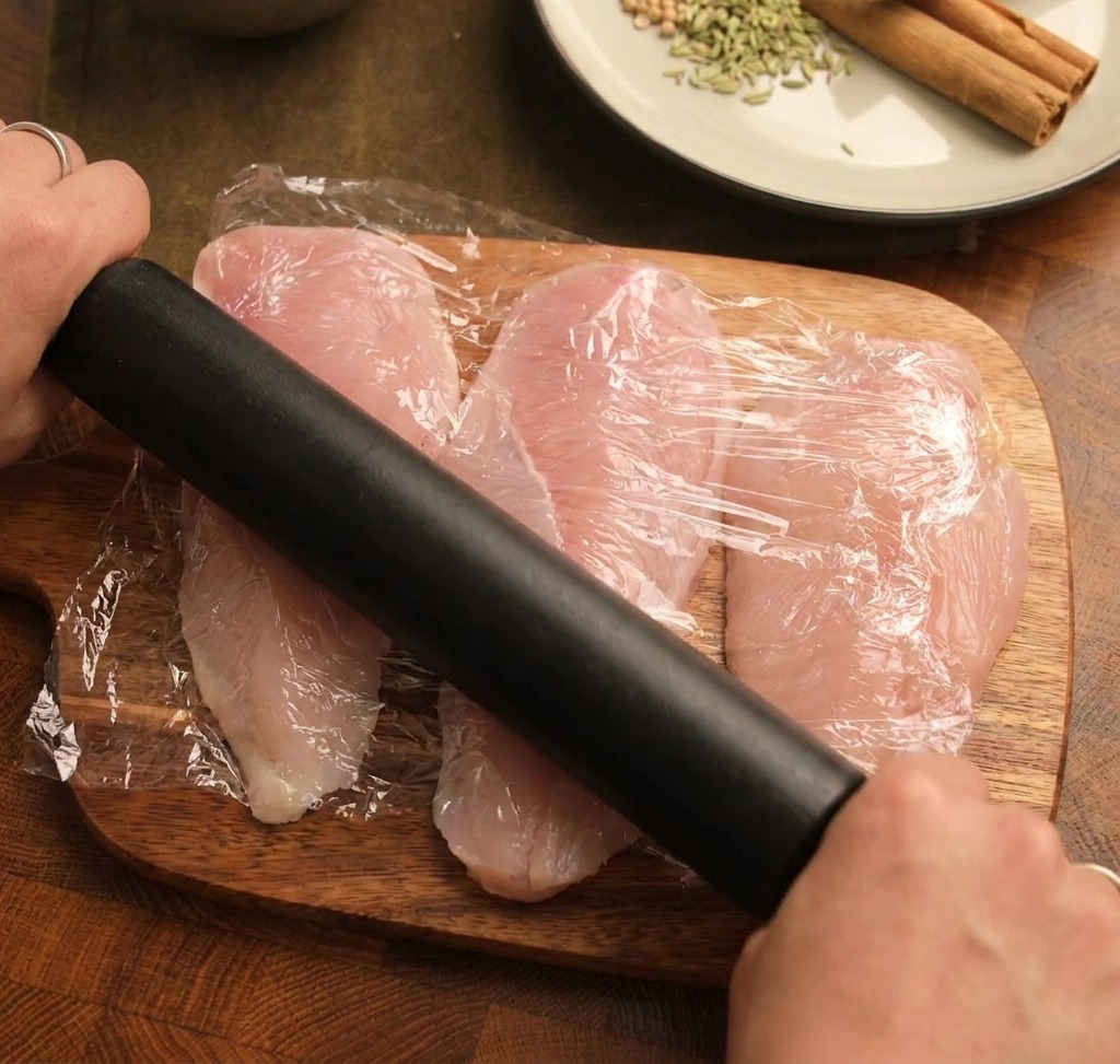 Un mattarello usato per battere le fettine di pollo crudo attraverso uno strato di pellicola trasparente.