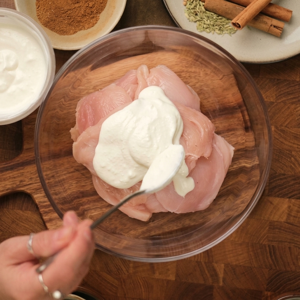 Yogurt bianco versato sopra petti di pollo crudi in una ciotola di vetro.