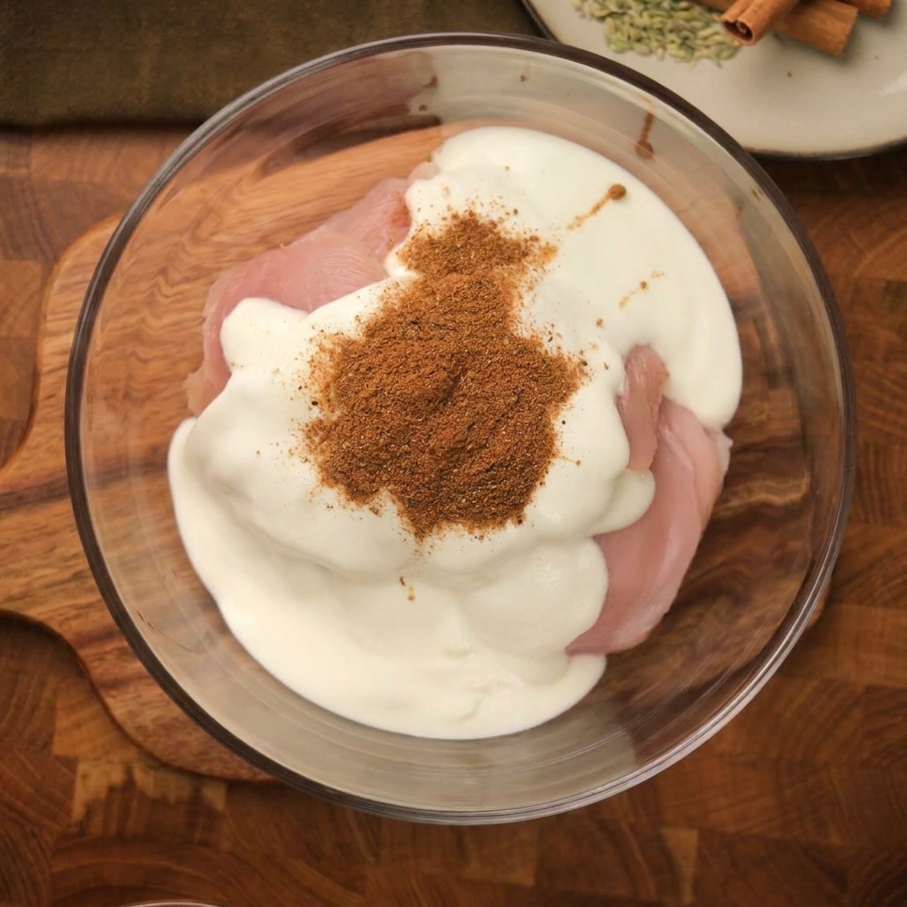 Ciotola di vetro con pollo e yogurt ricoperti da una generosa dose di polvere di spezie marroni.