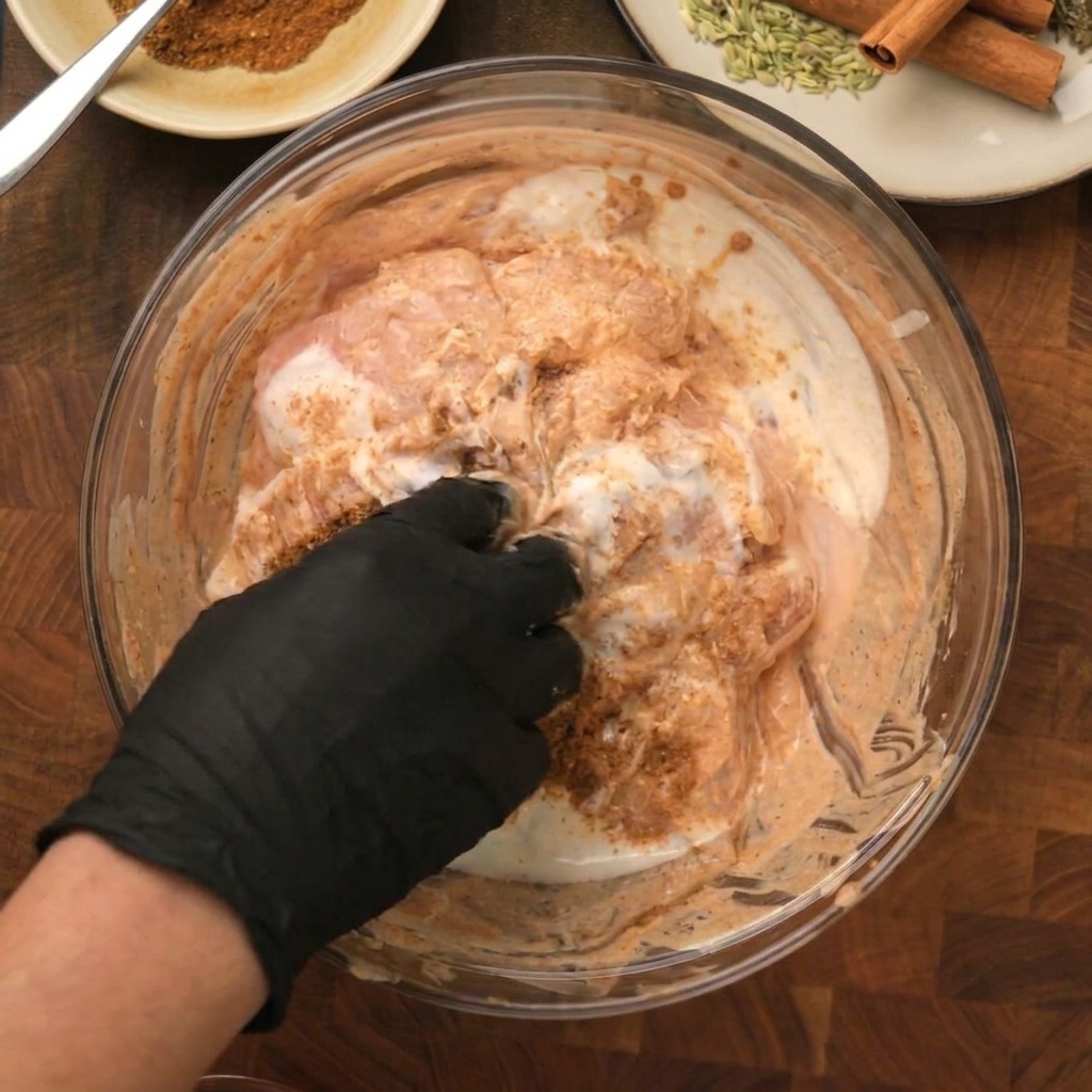 Persona con guanto nero che mescola pollo, yogurt e spezie in una ciotola di vetro trasparente.