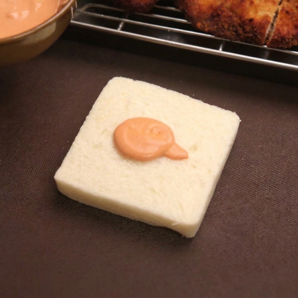 Una cucchiaiata di maionese allHarissa arancione su una fetta quadrata di pane bianco.