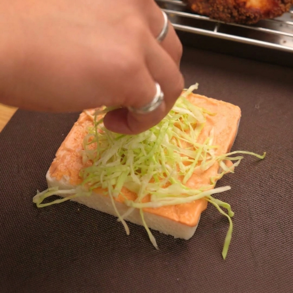 Mano che posiziona una manciata di cavolo cappuccio tritato sopra la salsa arancione sul pane.