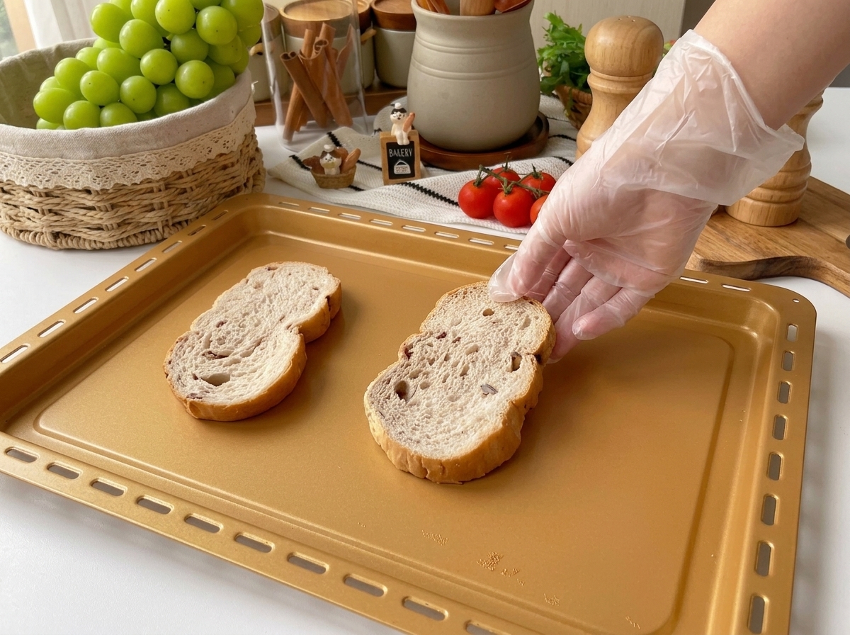 Fette di pane ai semi su una teglia da forno pronte per essere tostate.