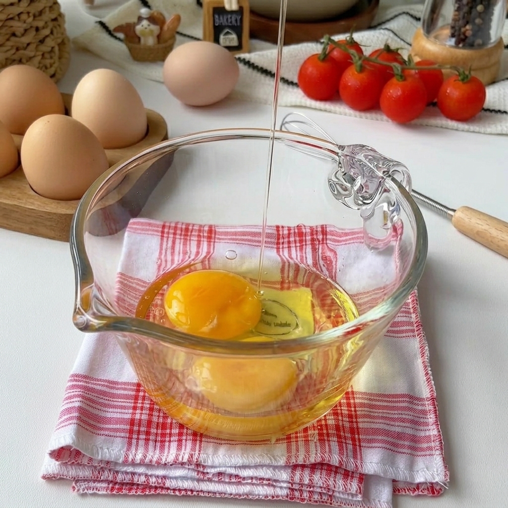 Tre uova fresche rotte in una ciotola di vetro graduata.