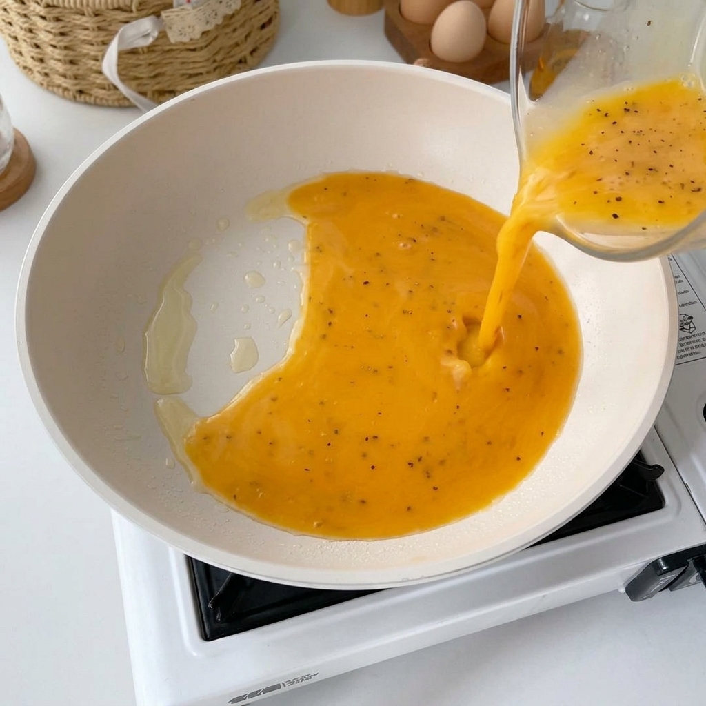 Composto di uova versato in una padella bianca leggermente oliata sul fuoco.