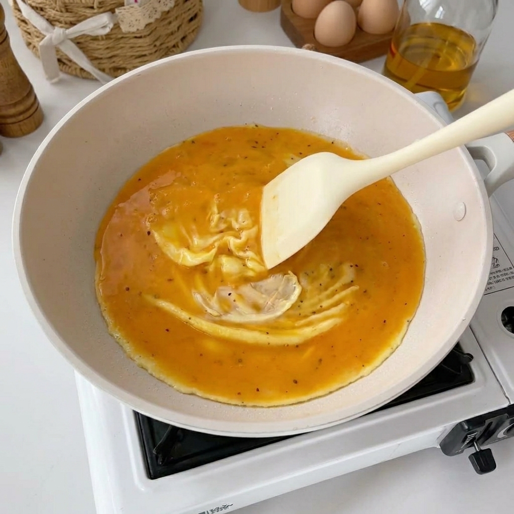Una spatola chiara che muove le uova in cottura in una padella bianca.