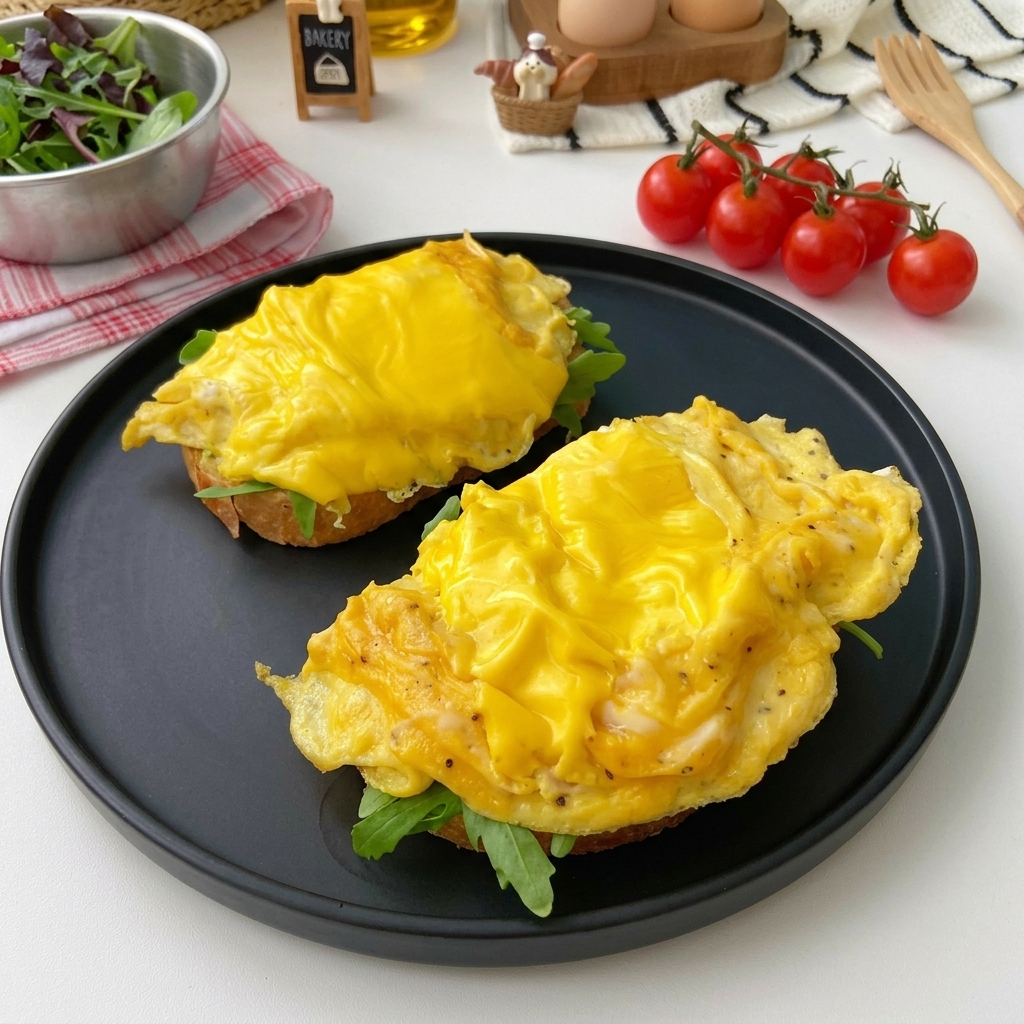 Due fette di pane tostato con rucola e uova strapazzate ricoperte di formaggio fuso.