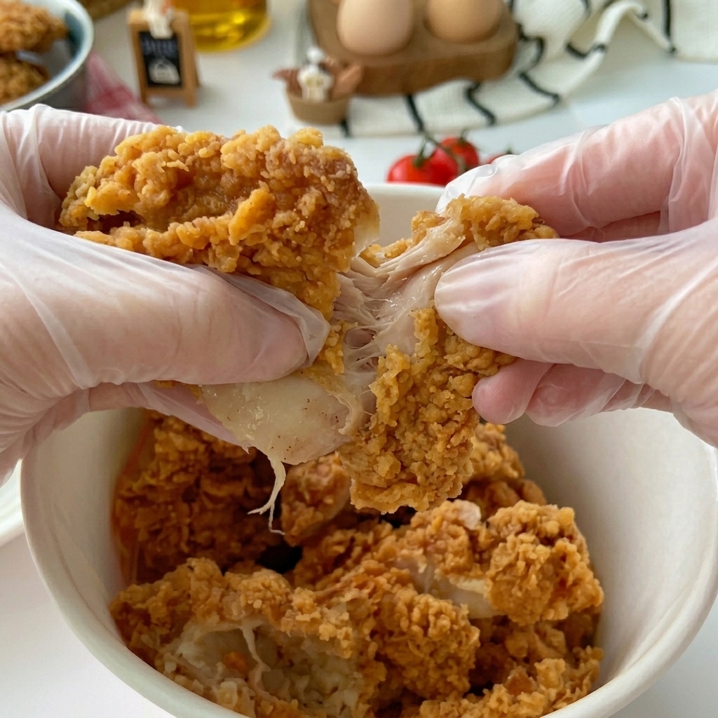 Mani con guanti che spezzano un pezzo di pollo fritto dorato sopra una ciotola.