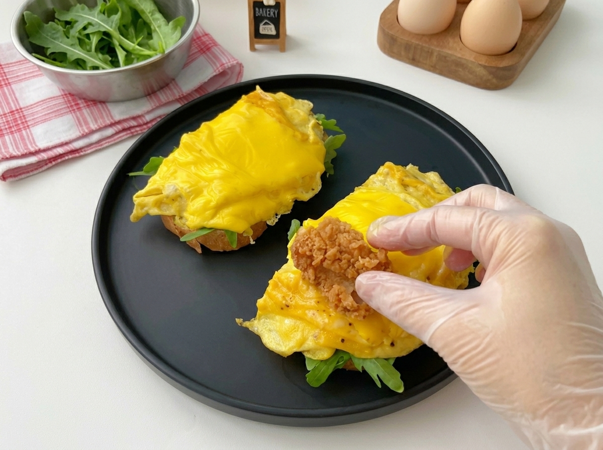 Una mano che mette un pezzo di pollo fritto sopra il sandwich con uova e formaggio.