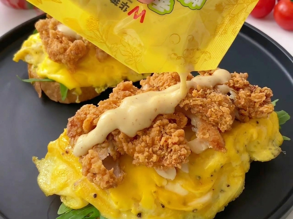 Salsa cremosa versata sopra il pollo fritto su un sandwich aperto.
