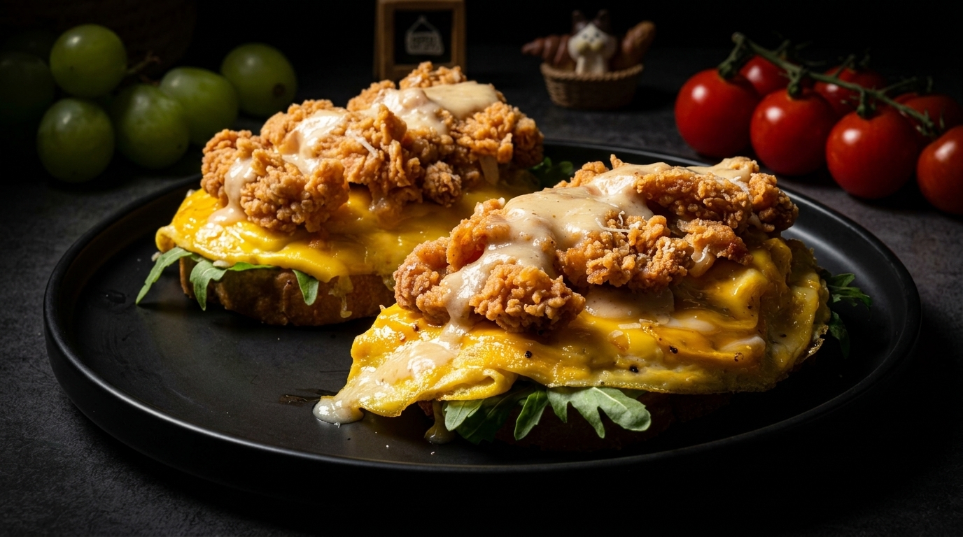 Sandwich Aperto con Pollo Fritto Croccante e Uova Strapazzate al Formaggio