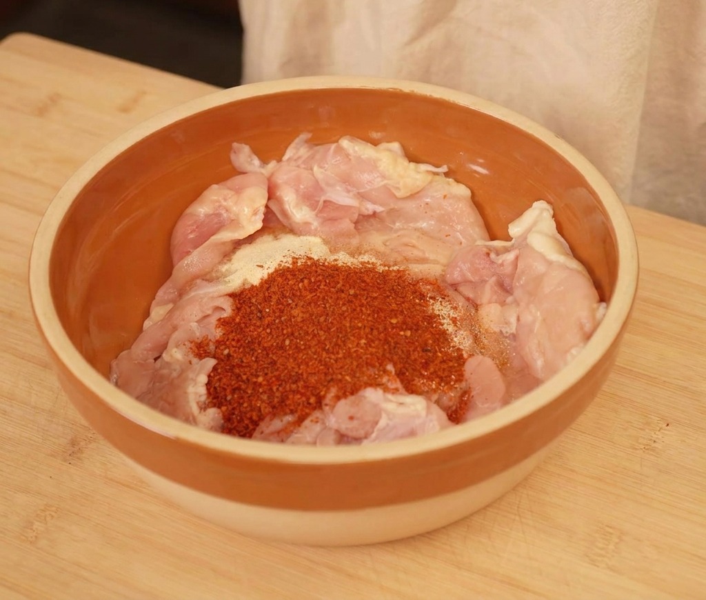 Pezzi di pollo crudo in una ciotola con peperoncino rosso e spezie.