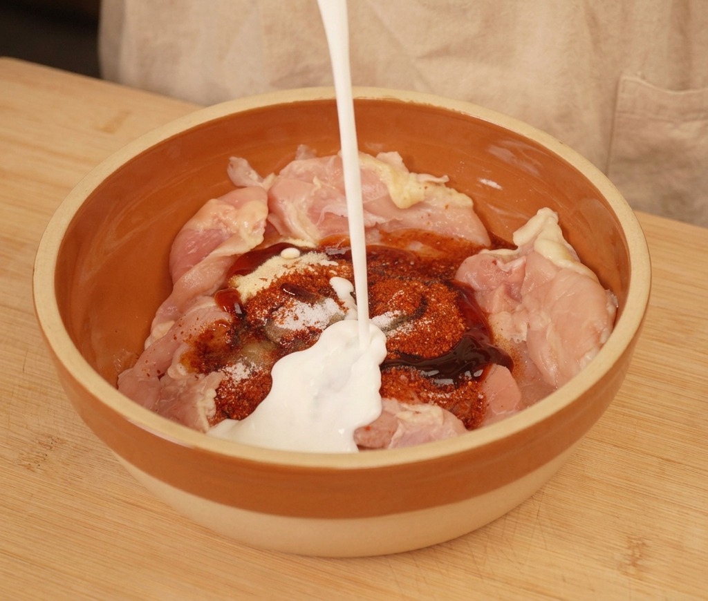 Yogurt bianco versato da un bicchiere sopra il pollo e le spezie nella ciotola.