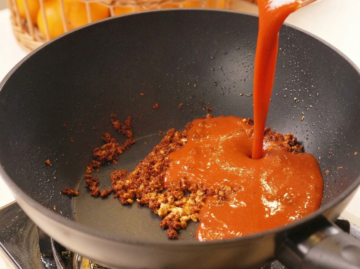 Salsa rossa densa versata nel wok con aglio e spezie soffritte.