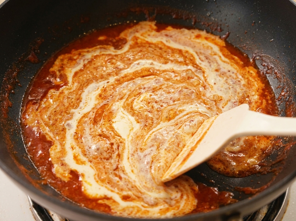 Panna fresca versata nella salsa rossa bollente in una padella scura.