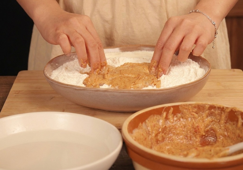 Mani che premono un pezzo di pollo marinato nel mix di farina bianca.