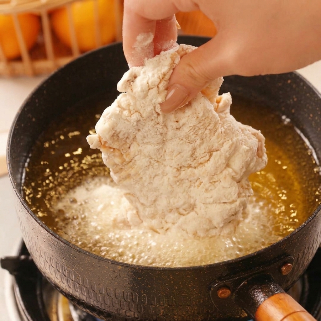 Una mano che adagia il pollo infarinato nellolio bollente con bollicine che si formano intorno.