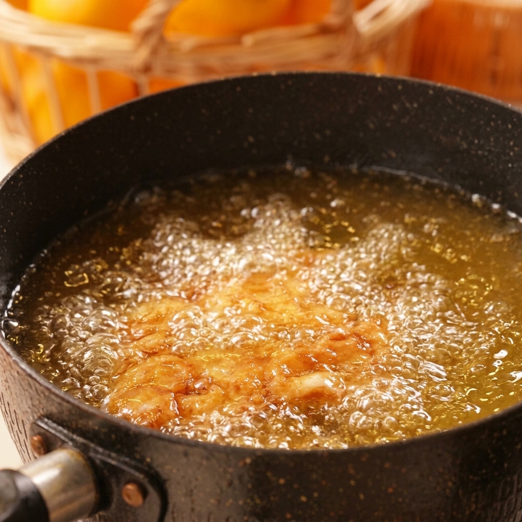 Pollo impanato che frigge in una pentola nera con olio bollente.