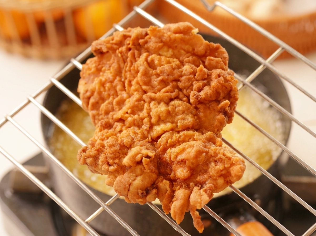 Pollo fritto dorato che riposa su una griglia metallica sopra una pentola.