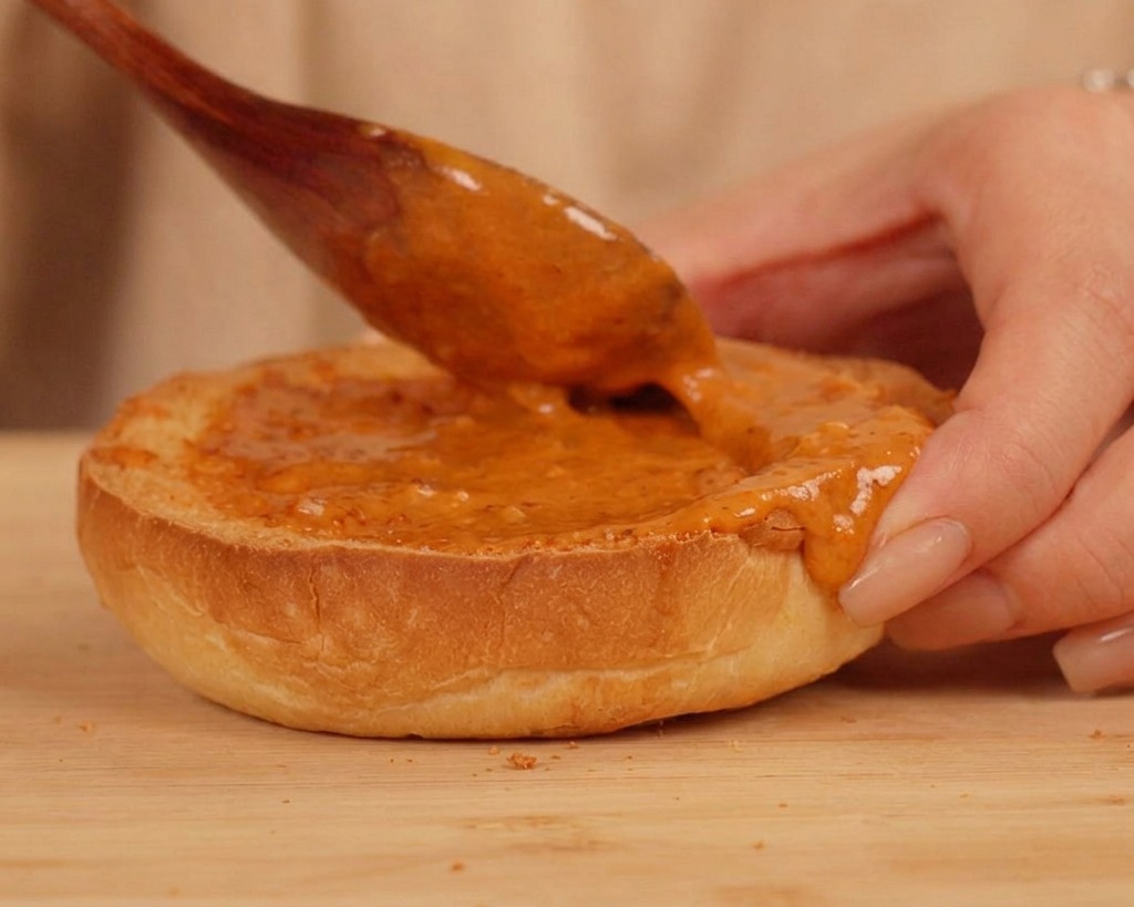 Un cucchiaio di legno che spalma la salsa arancione sulla base di un panino tostato.