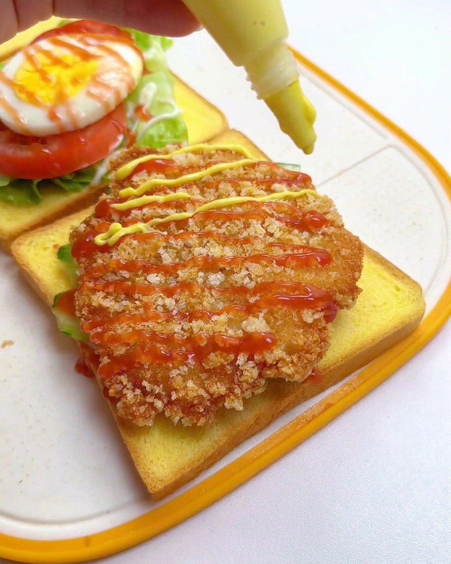 Senape al miele versata da un flacone sopra la cotoletta già condita con il ketchup.
