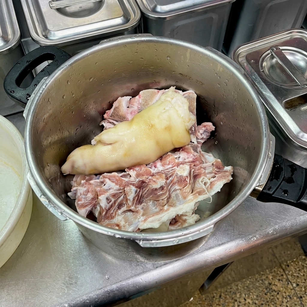 Una grande pentola di metallo contenente ossa di maiale crude, un piedino intero e zampe di gallina, pronte per la bollitura.