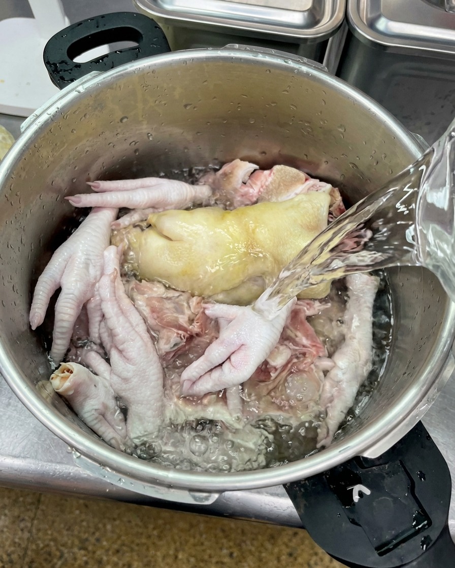 Acqua limpida versata da una caraffa sopra ossa di maiale crude, un piedino e zampe di gallina in una pentola di metallo.