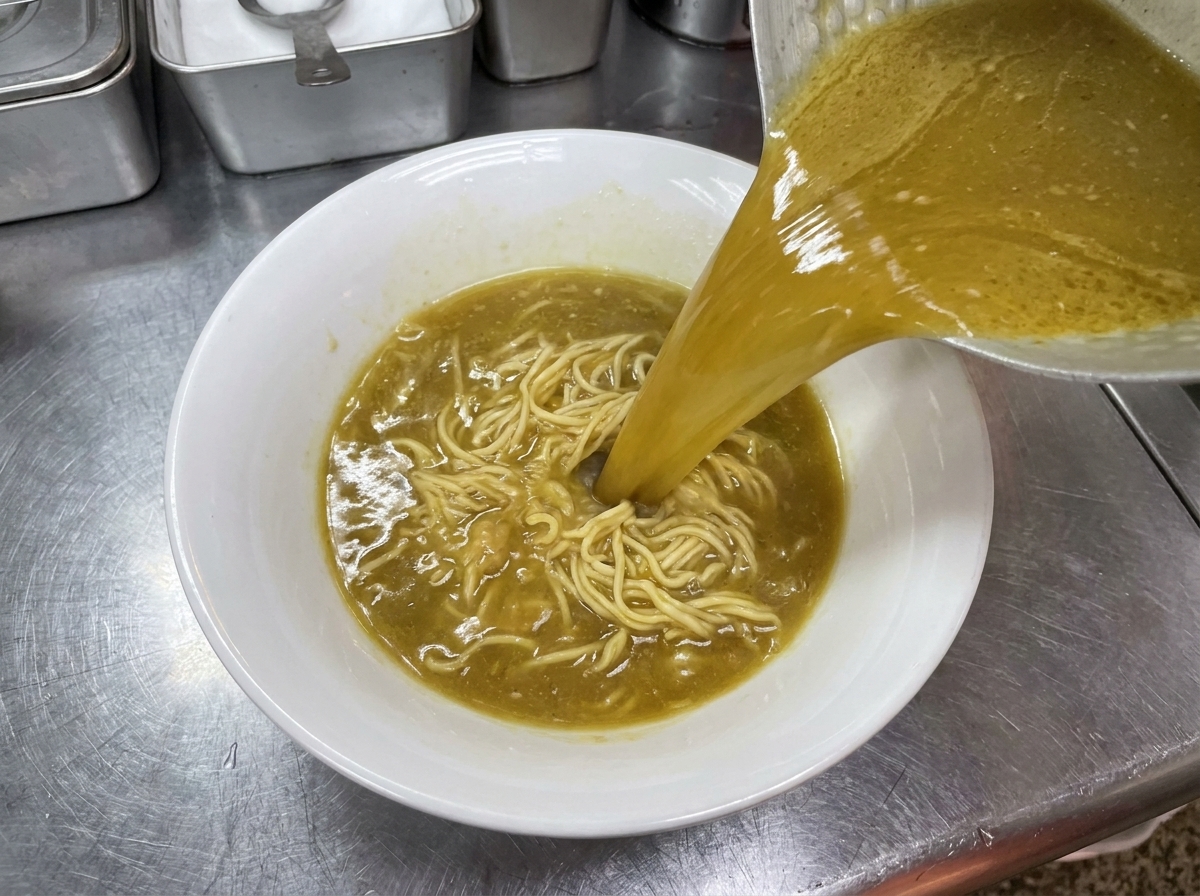 Brodo tonkotsu denso versato da una pentola sopra una porzione di noodles in una ciotola di ceramica bianca.