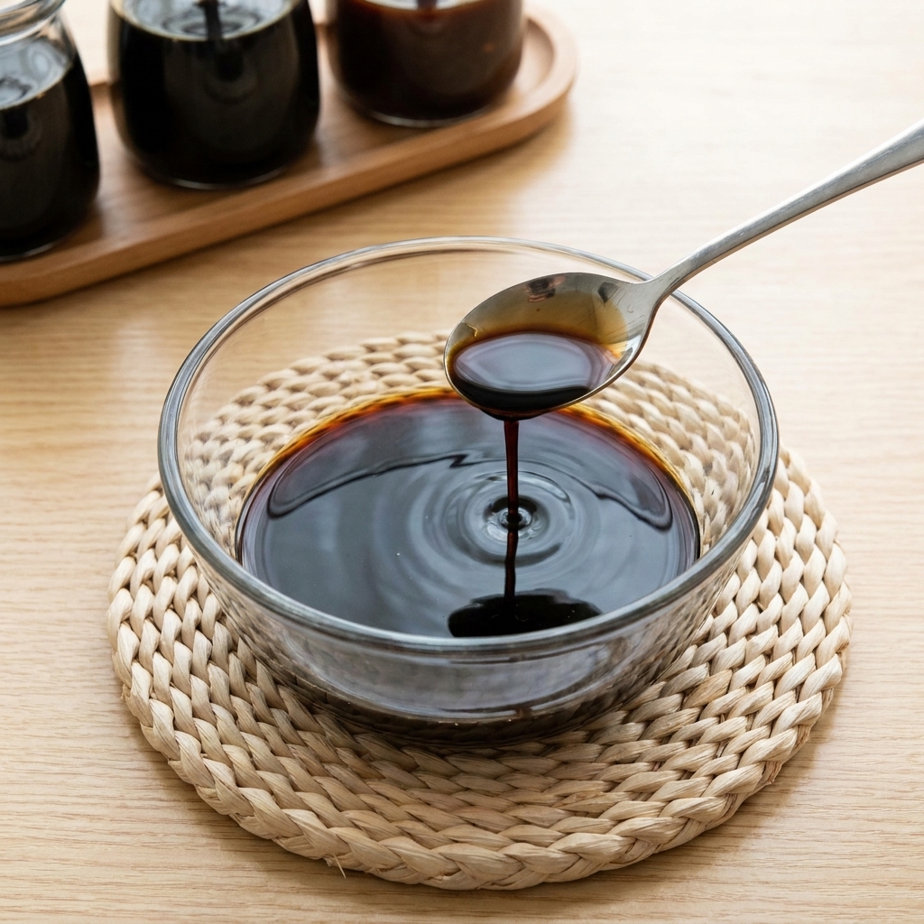 Salsa dostrica densa versata da un cucchiaio in una ciotola con salsa di soia.