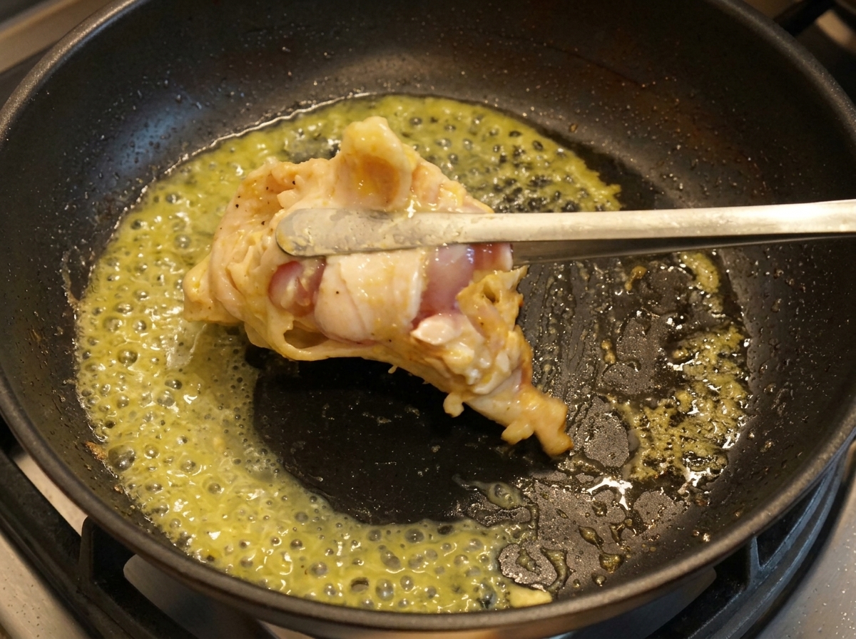 Pinze che girano una sovracoscia di pollo in una padella che sfrigola.