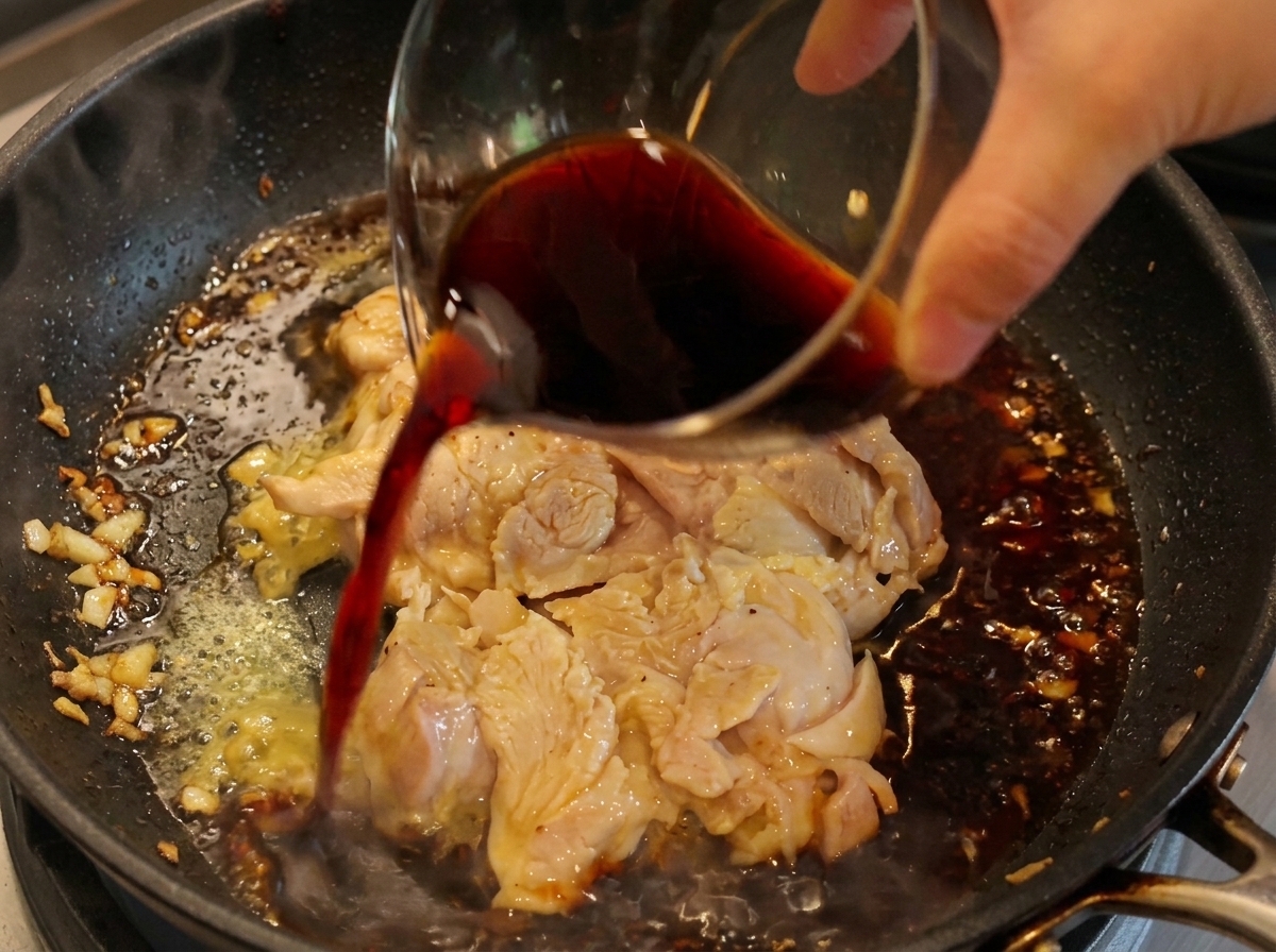 Salsa scura versata da una ciotola sul pollo in cottura in padella.