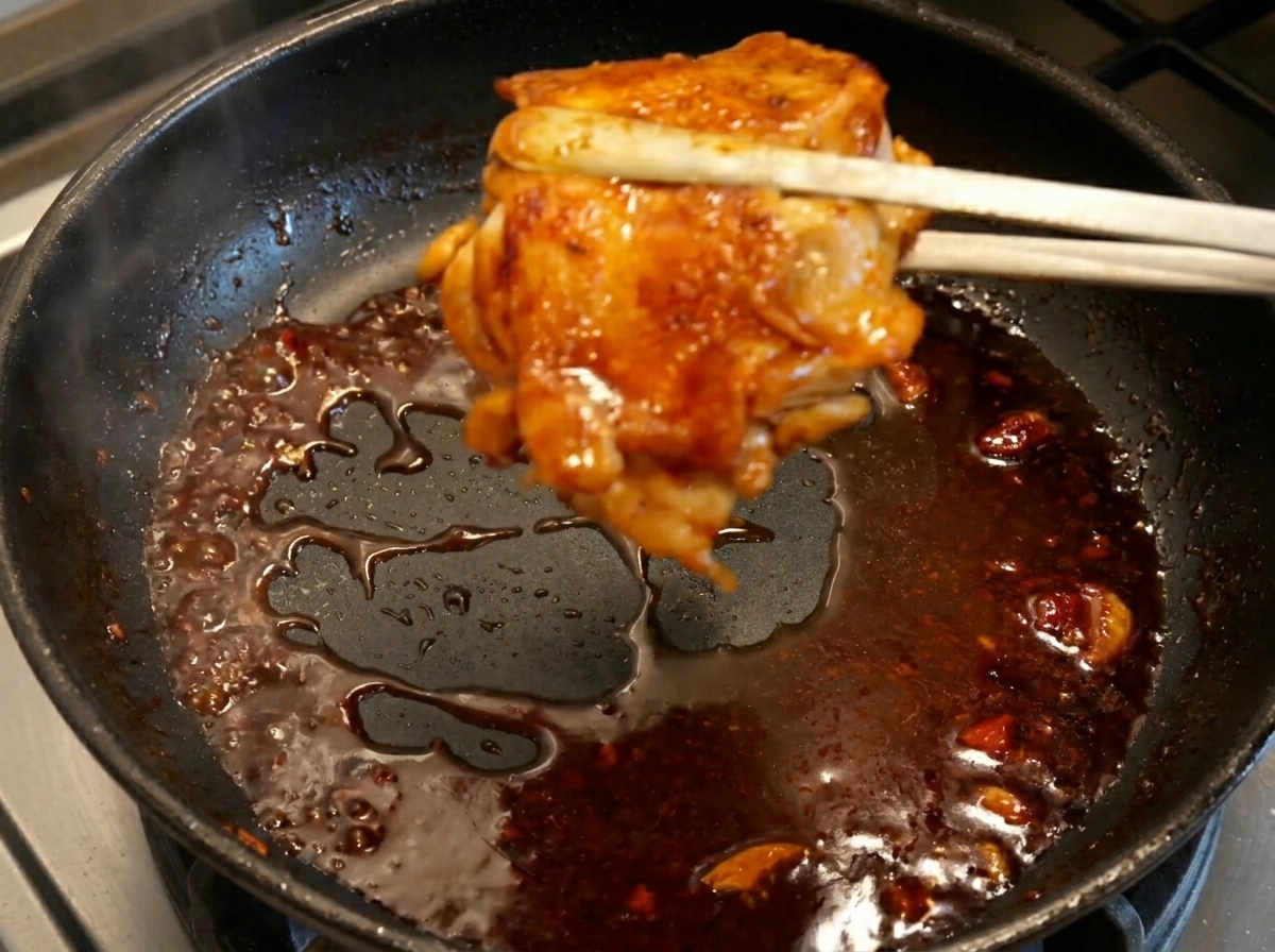 Pinze che sollevano il pollo lucido e scuro dalla padella con salsa ristretta.