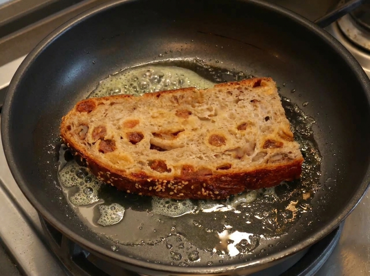 Una fetta spessa di pane artigianale che tosta in padella con burro fuso.