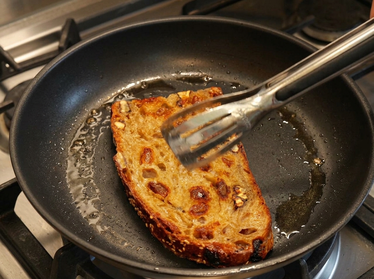 Fetta di pane girata con le pinze che mostra un lato perfettamente tostato e dorato.