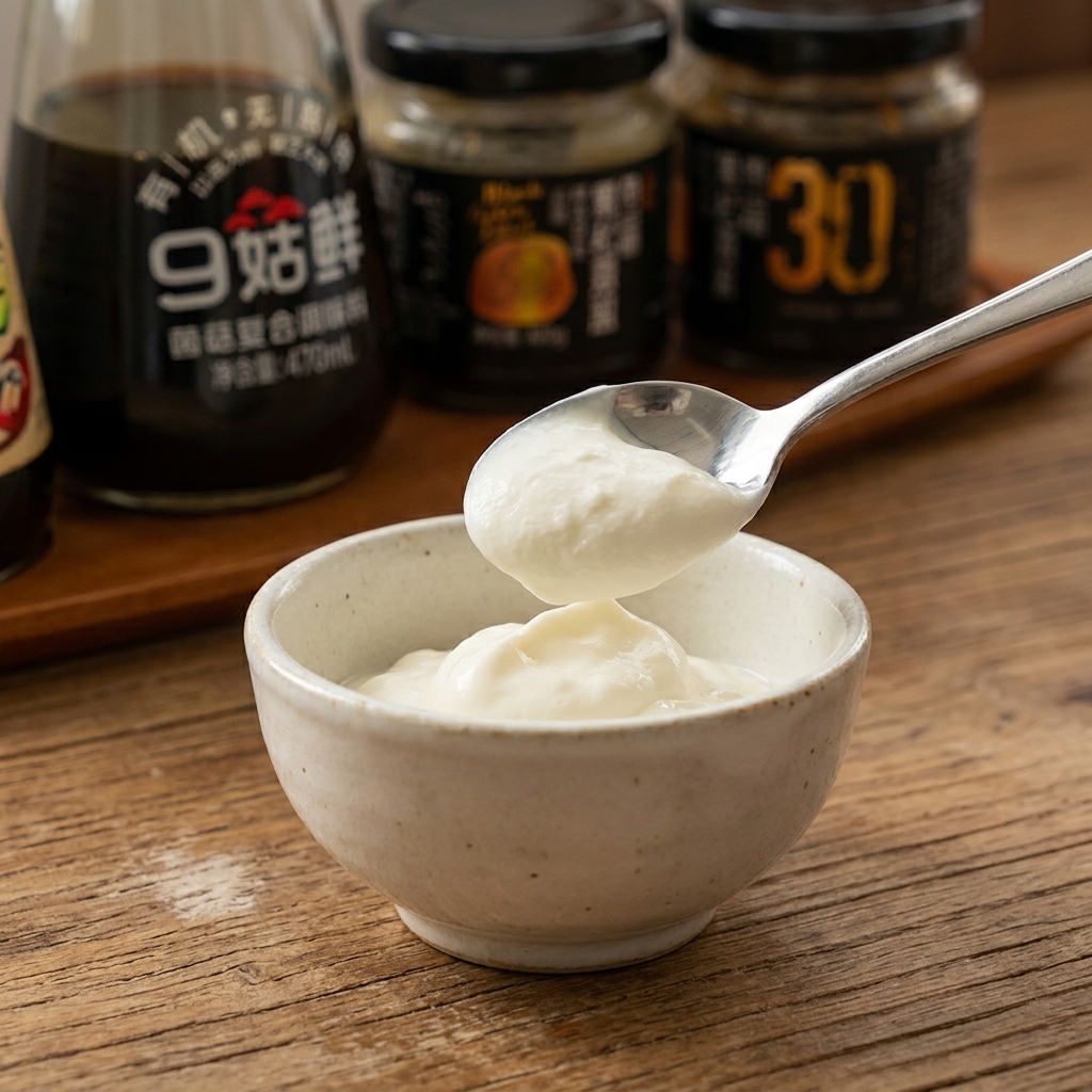 Un cucchiaio di maionese aggiunto a una ciotolina con yogurt bianco.