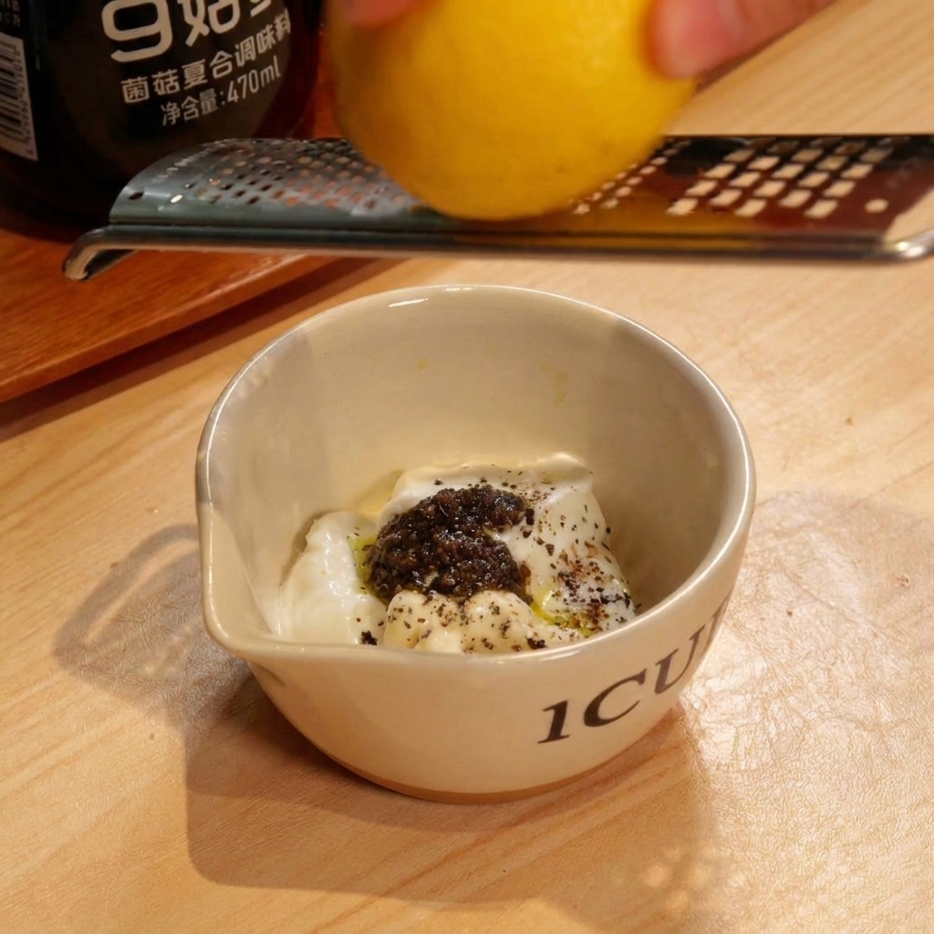 Mano che grattugia la scorza di un limone giallo in una ciotola con yogurt e tartufo.