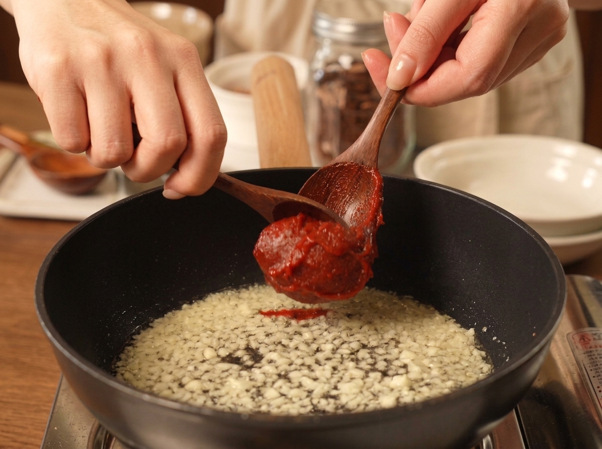 Cucchiai di legno che aggiungono pasta di peperoncino rossa in padella con aglio soffritto.