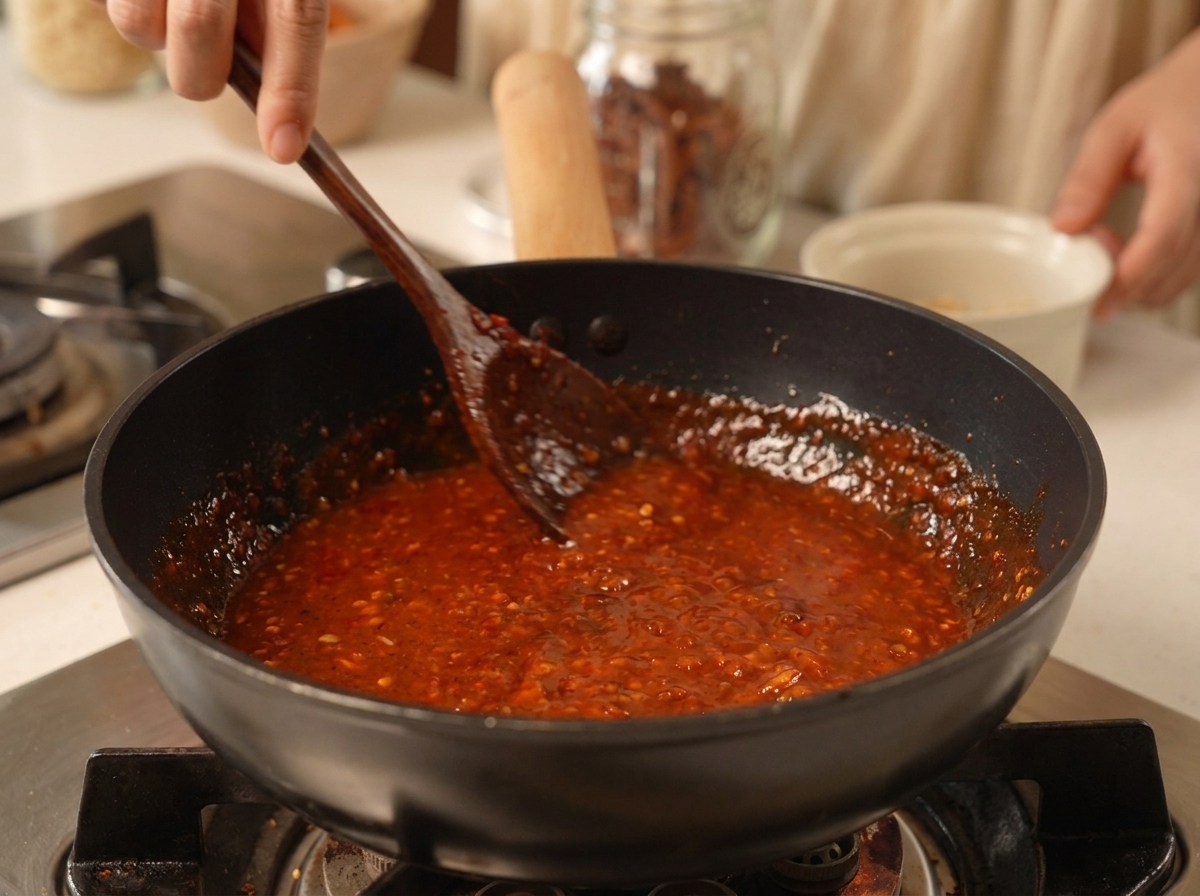 Spatola che mescola arachidi tritate in una salsa rossa densa in padella.