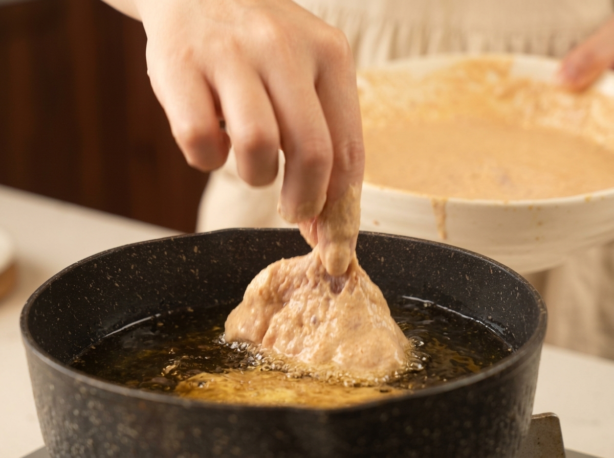 Mano che immerge con cautela un pezzo di pollo pastellato in olio bollente sfrigolante.