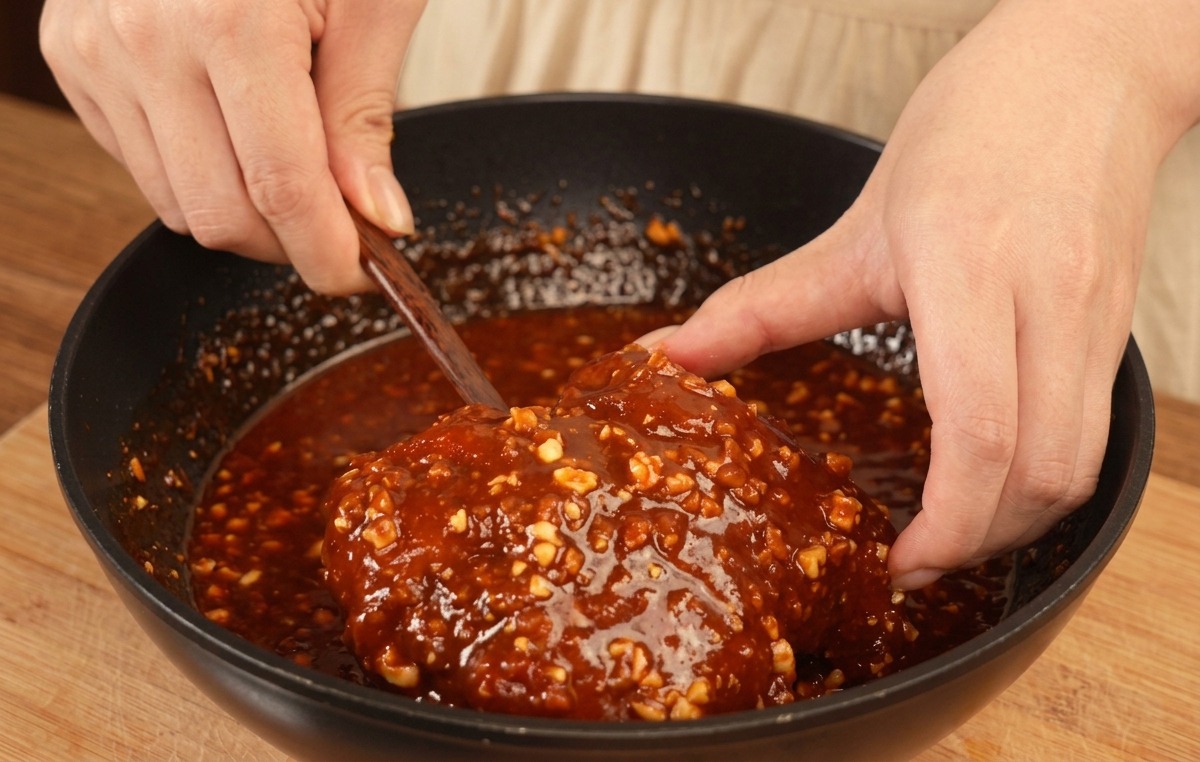 Pollo fritto nappa con salsa rossa e arachidi in una padella nera.
