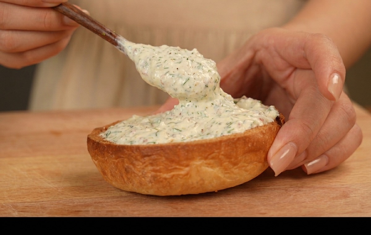 Salsa bianca alle erbe spalmata sulla base di un panino per burger tostato.