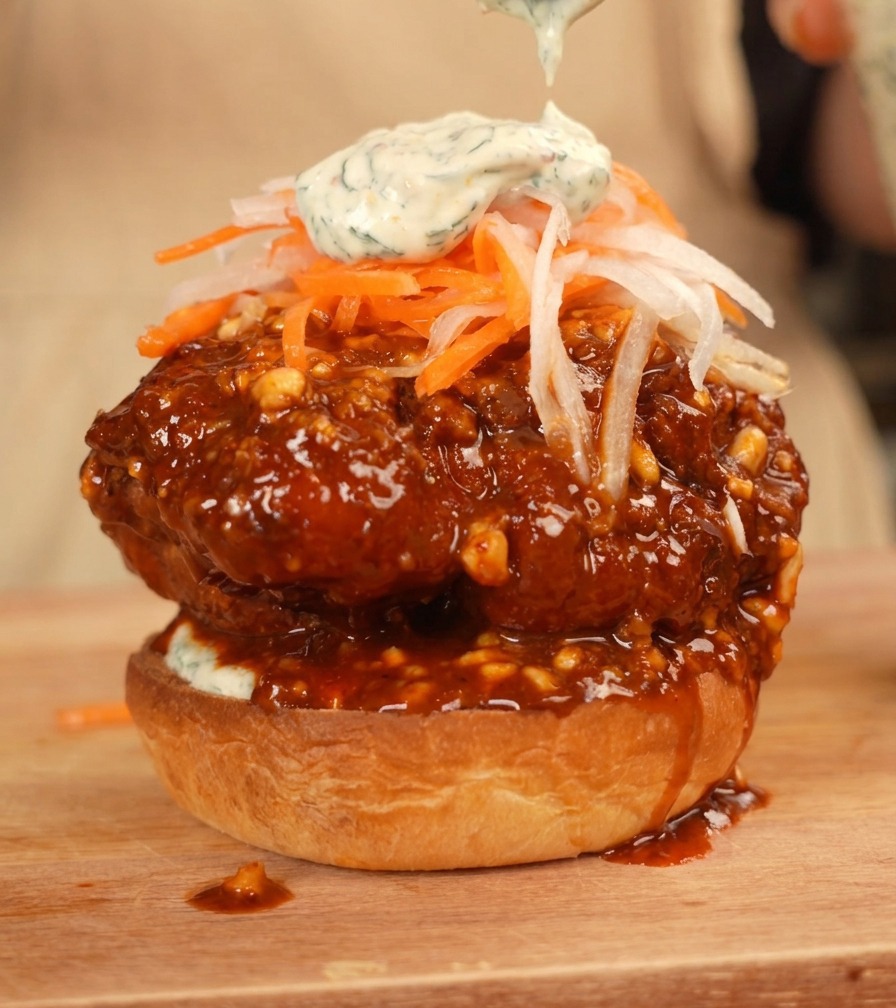 Cucchiaio che versa salsa ranch cremosa sopra le verdure in un burger imponente.