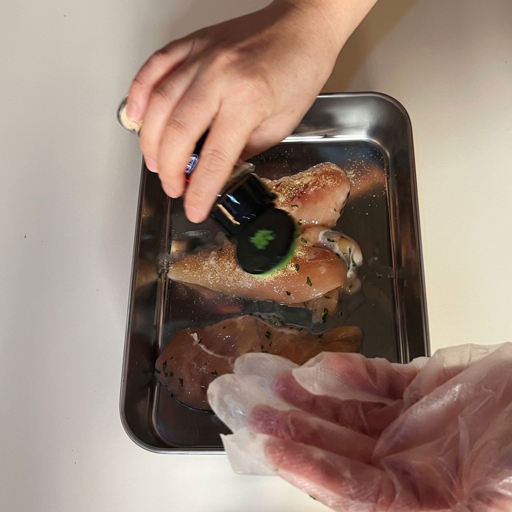 Una mano che sparge aglio in polvere su fetti di pollo crudo disposte su un vassoio di metallo.