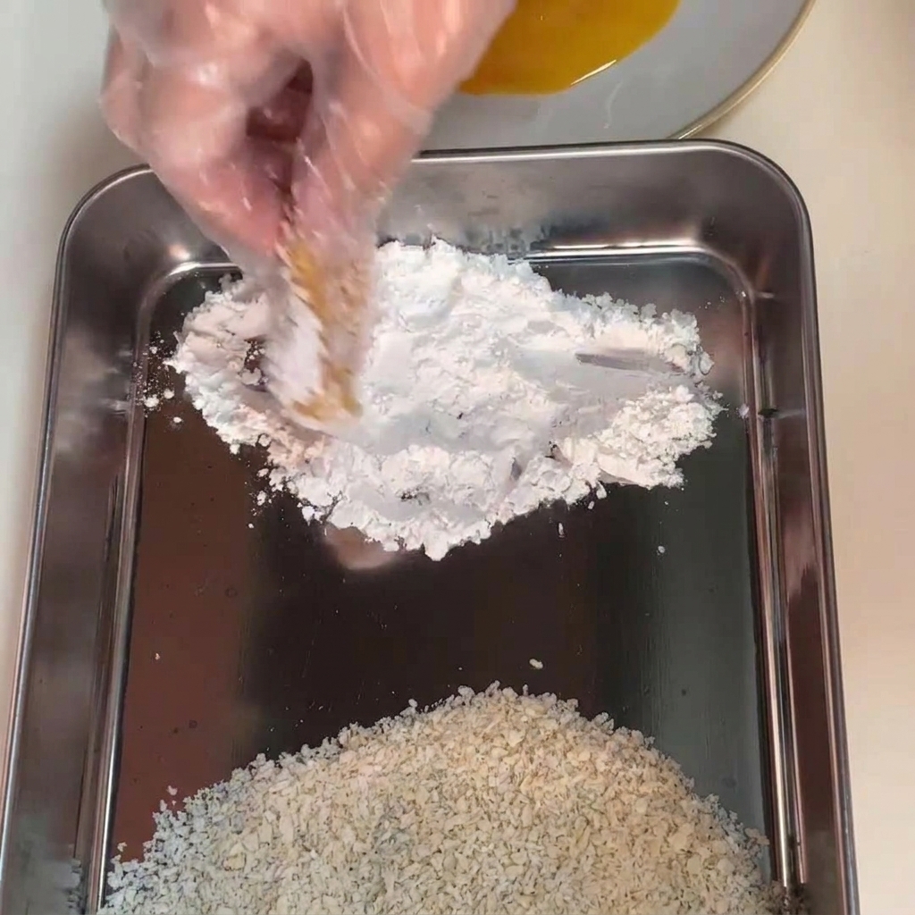 Mano guantata che infarina una fetta di pollo nellamido di mais bianco.