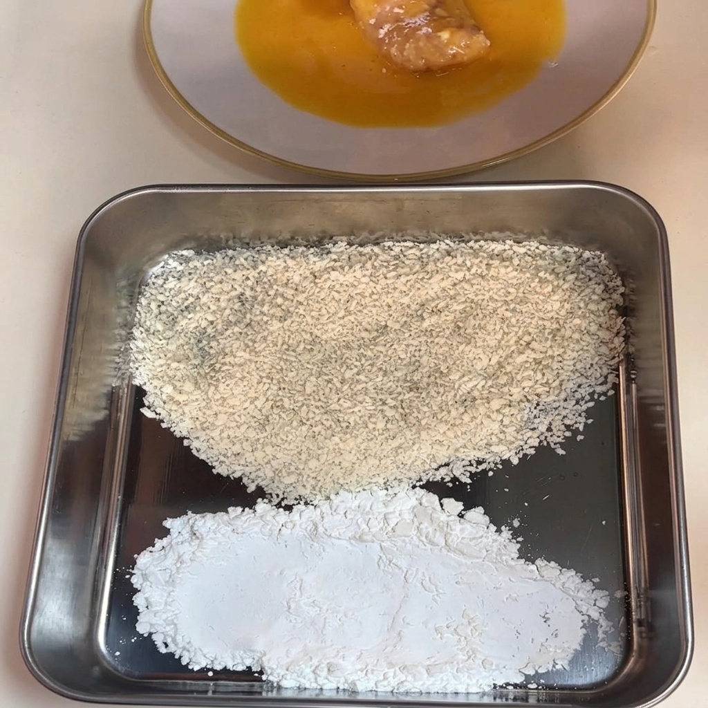 Pollo infarinato immerso in un piatto bianco con uovo sbattuto giallo.